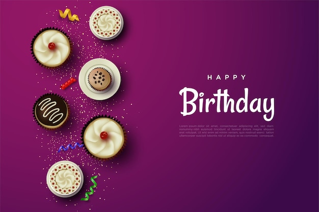 Happy birthday background with delicious cake illustration