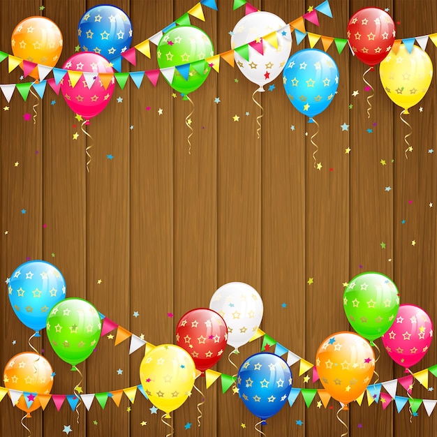 Vector happy birthday background with flying colorful balloons multicolored pennants and confetti on wooden background illustration