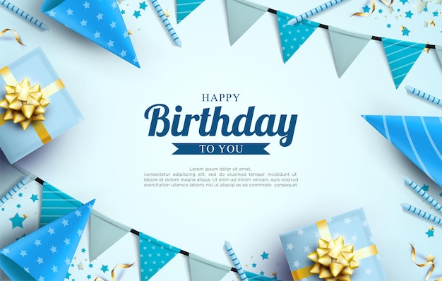 Vector happy birthday background with gift box and 3d flag