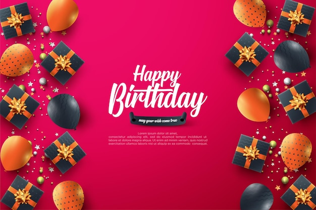 Happy birthday background with gift box and black balloons