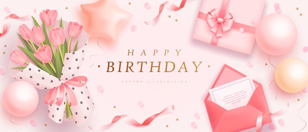 Vector happy birthday background with realistic gift box and tulips