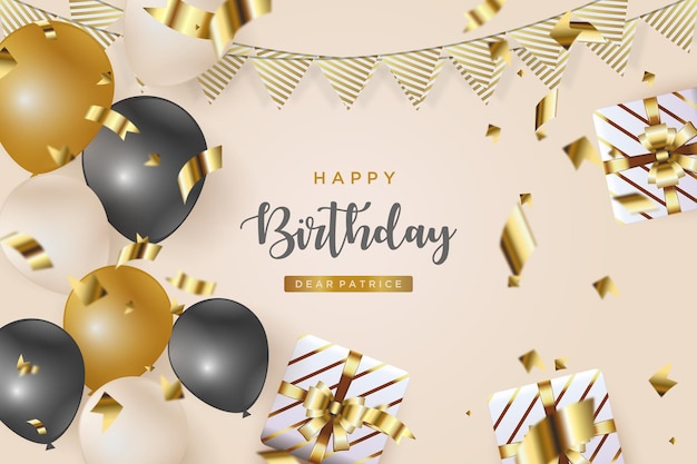 Happy birthday background with scattered golden balloons and ribbons