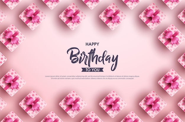 Happy birthday background with several ribbon gift boxes on a pink background