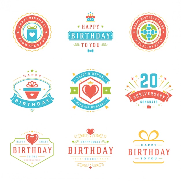 Vector happy birthday badges and labels vector design elements set.