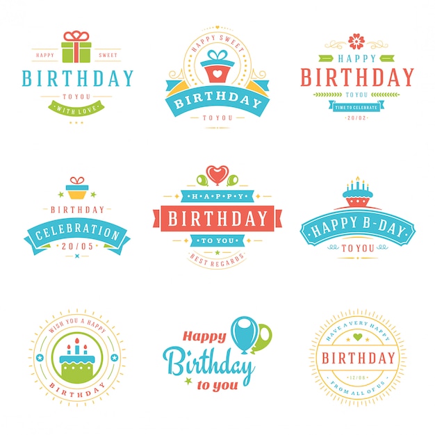 Happy birthday badges and labels vector design elements set.