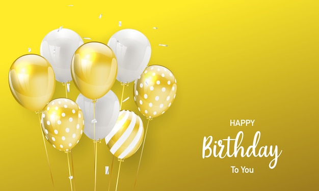 Vector happy birthday balloons gold celebration background with confetti.