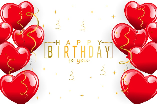 Happy birthday banner, red heart balloons and golden serpentines. Postcard, poster, 3d illustration