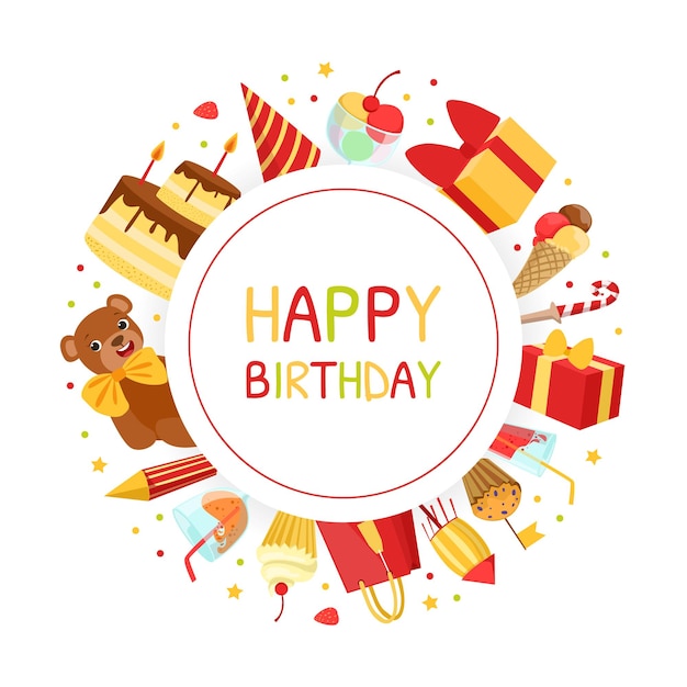 Happy Birthday Banner Template with Holiday Symbols Frame of Round Shape Vector Illustration