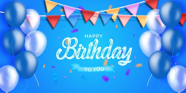 Vector happy birthday banner with realistic balloon and blue background premium vector