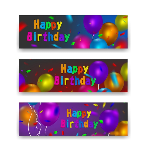 Buon compleanno banner set di banner con palloncini colorati realistici illustrazione vettoriale