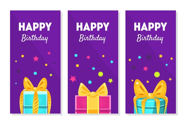 Happy birthday banners set happy holidays greeting cards with gift boxes vector illustration web design