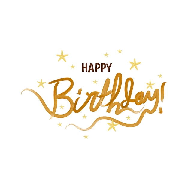 Vettore buon compleanno. bella cartolina d'auguri pennello calligrafia giallo testo parola stelle d'oro. disegnato a mano