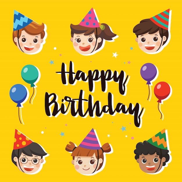 Premium Vector | Happy birthday. beautiful kids greeting funny character &  birthday party invitation card template. illustration card