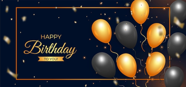 Buon compleanno sfondo nero con palloncini realistici. banner di buon compleanno con coriandoli dorati. bandiera di celebrazione di compleanno. palloncini neri e dorati realistici, sfondo effetto luce.