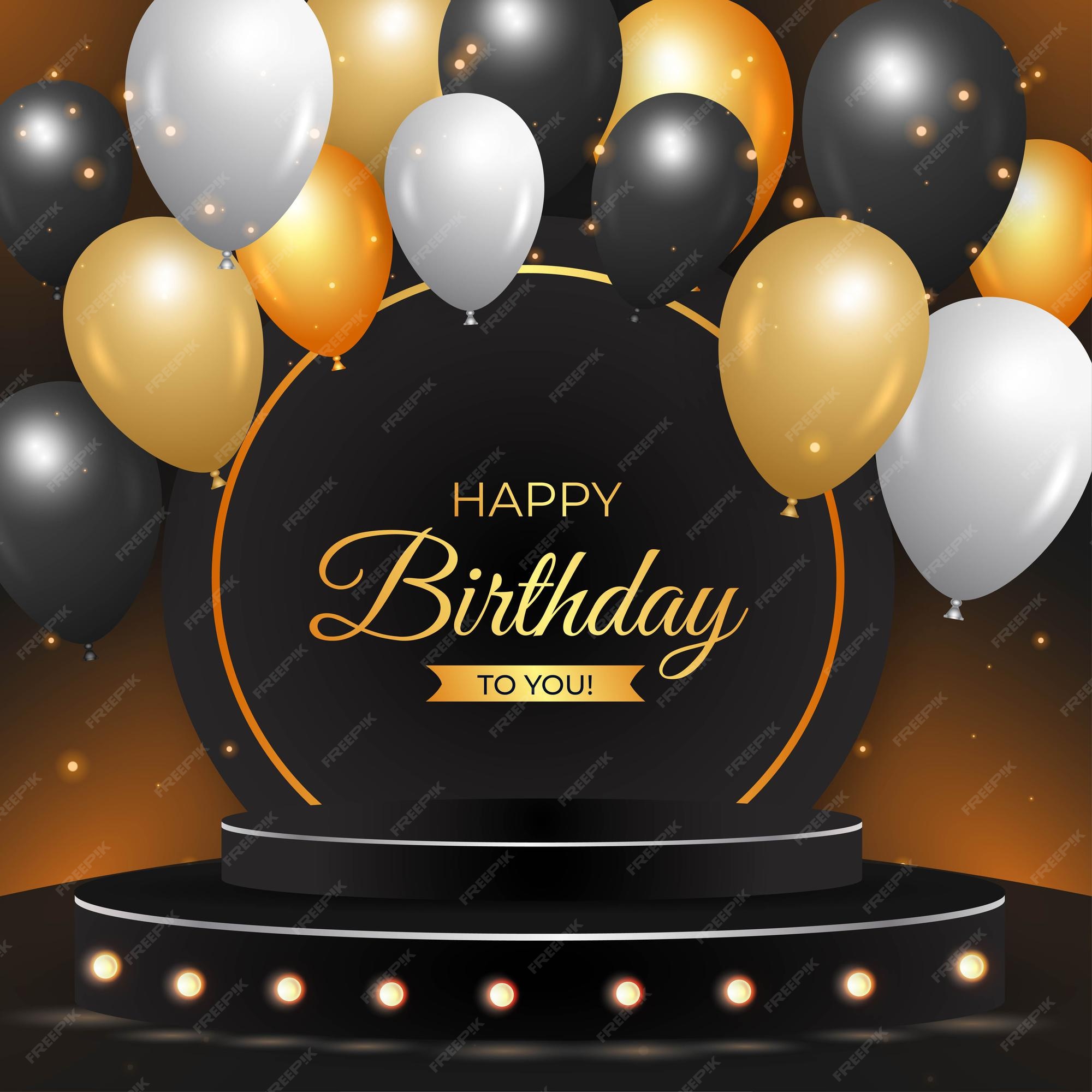 Premium Vector | Happy birthday black background with realistic podium. happy  birthday banner with realistic balloons. birthday celebration banner,  realistic balloons, 3d podium, birthday light effect background.