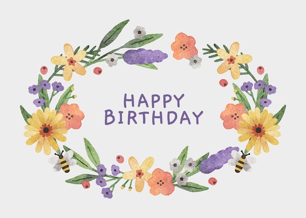 Vector happy birthday blooming flower card watercolor