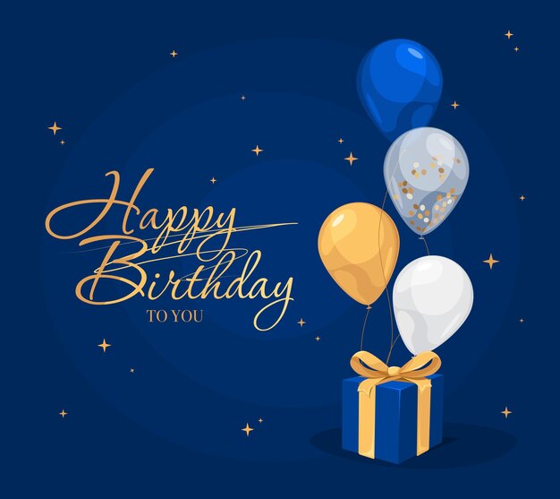 Happy Birthday blue invitation card with balloons and gift box