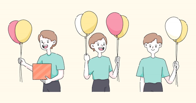 happy birthday boy holding balloon cute people illustration