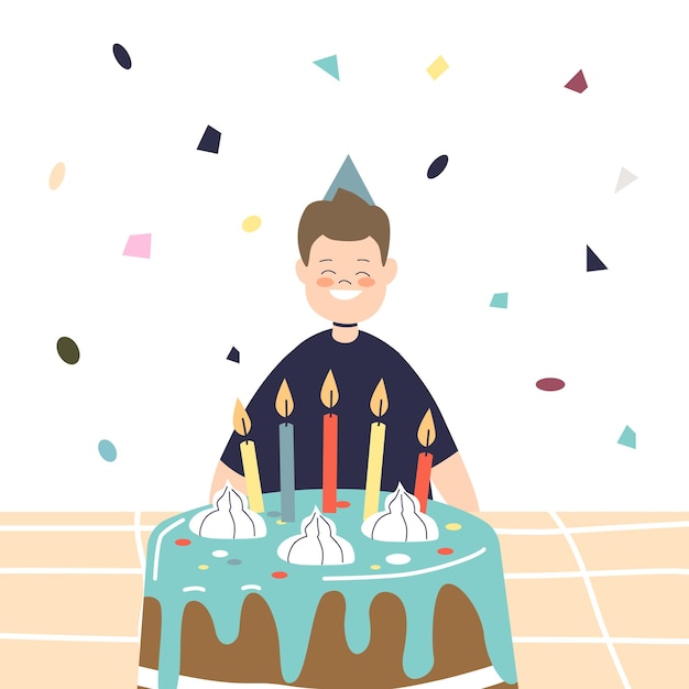 Vector happy birthday boy sitting in front of festive cake with candles cheerful smiling wearing celebration cone hat. kid holding party concept. cartoon flat vector illustration