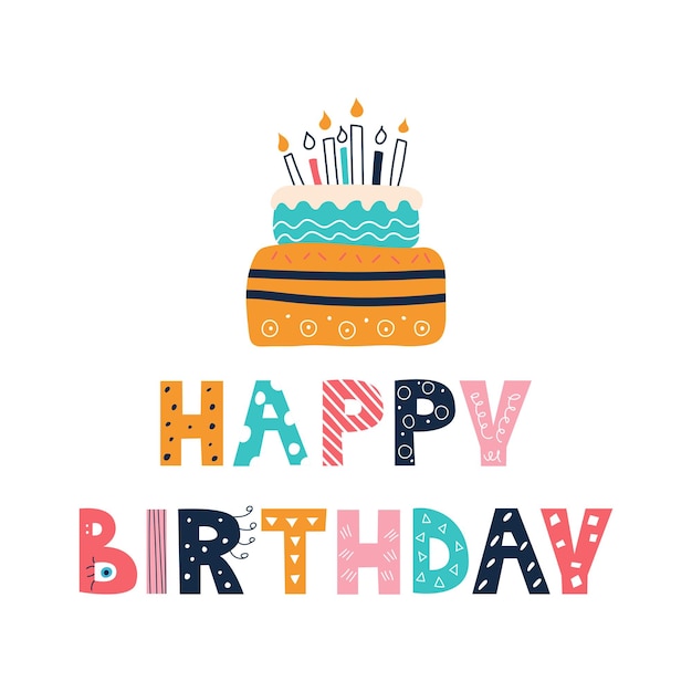 Happy birthday bright colorful inscription in the style of doodle with gift Vector flat illustration