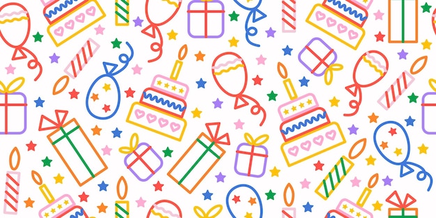 Vector happy birthday bright seamless background with cakes balloons and gifts