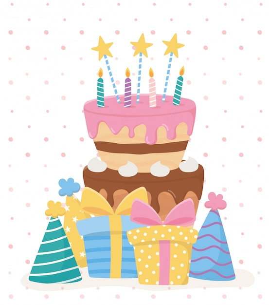 Vector happy birthday, cake candles stars gifts hats party celebration