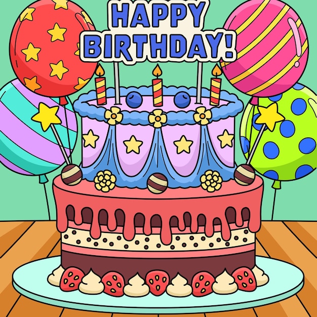 Vector happy birthday cake colored cartoon illustration