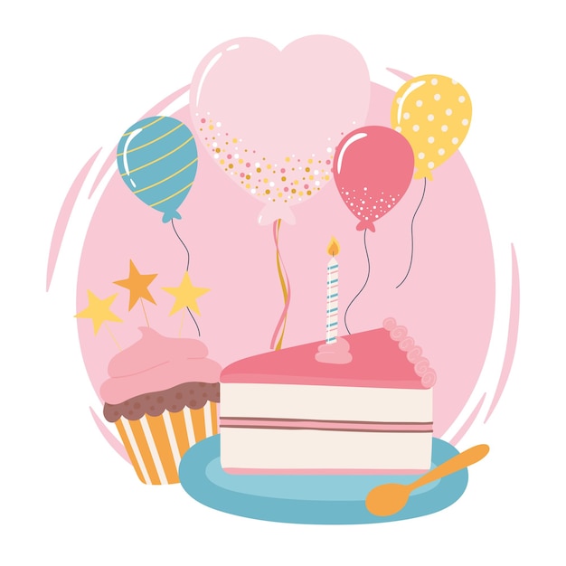 Happy birthday cake cupcake balloons celebration party cartoon  illustration