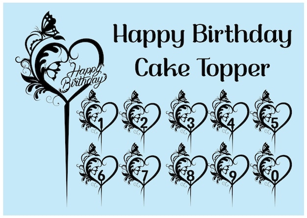 Vector happy birthday cake topper set, vector laser cut files