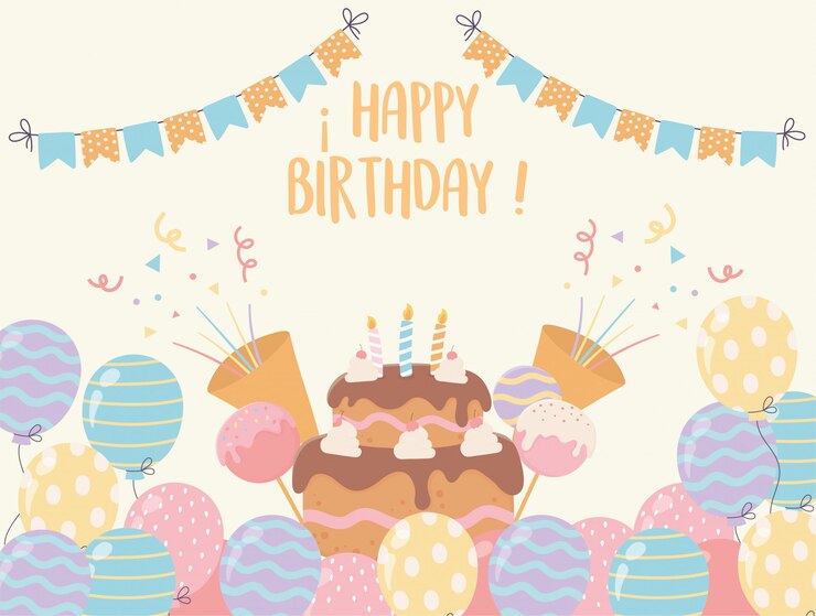 Vector 생일 케이크 촛불 풍선 사탕 색종이 파티 장식