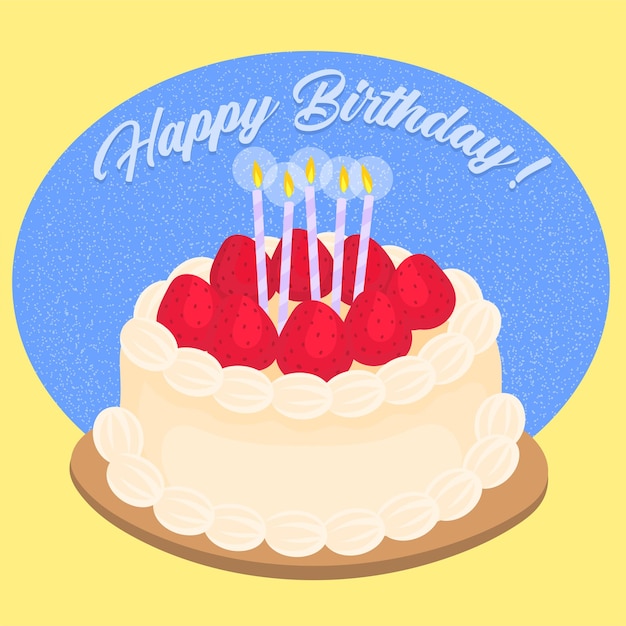 Vector happy birthday cake with candles and strawberries
