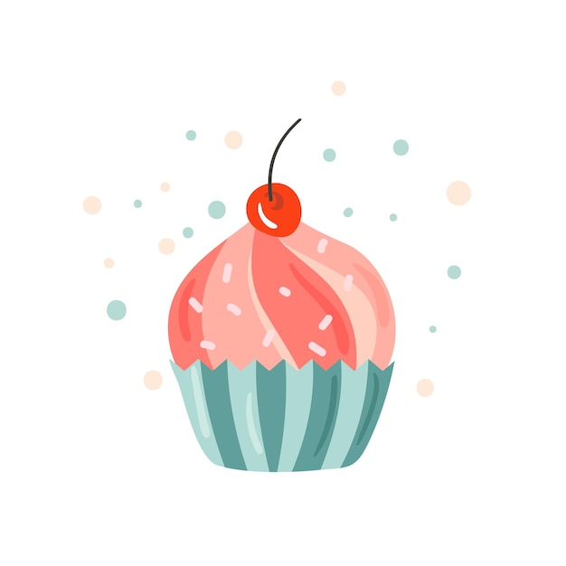 Buon compleanno lettering calligrafico torta rosa vettoriale gioia e divertimento festosa cartolina decorata cupcake