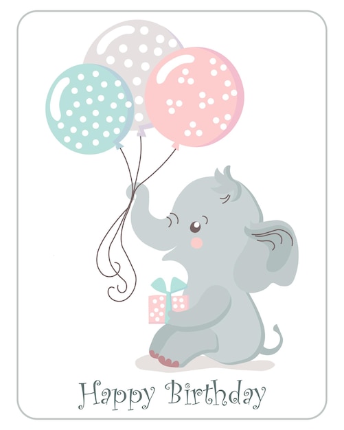 Vettore biglietto di auguri di buon compleanno per bambini elefantino con palloncini colori pastello