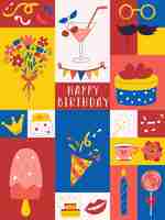 Vector happy birthday card colorful poster with bright decorative elements poppers flowers cocktail sweets flat cartoon vector illustration on color background