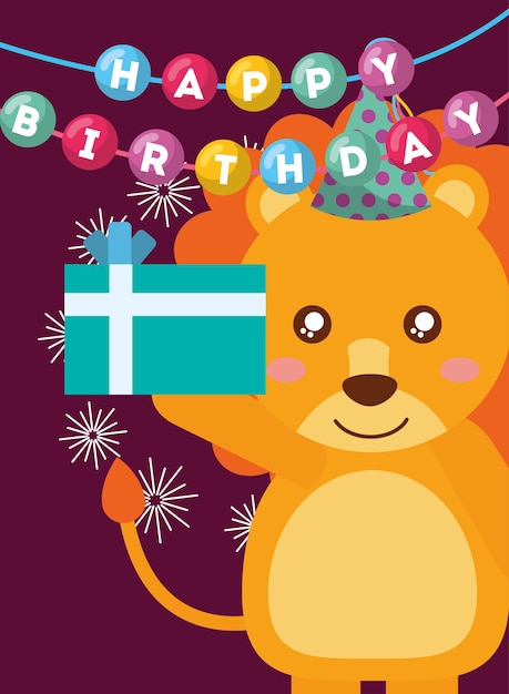 Happy birthday card and cute little lion and gift