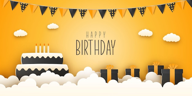 Vector happy birthday card in paper cut style