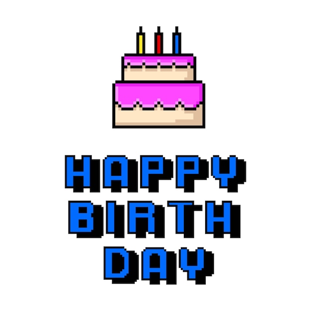 happy birthday card pixel art postcard cake cake with candles vector illustration