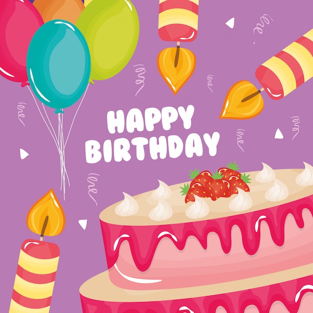Вектор Открытка на день рождения, сладкий торт и свеча с воздушными шарами гелием