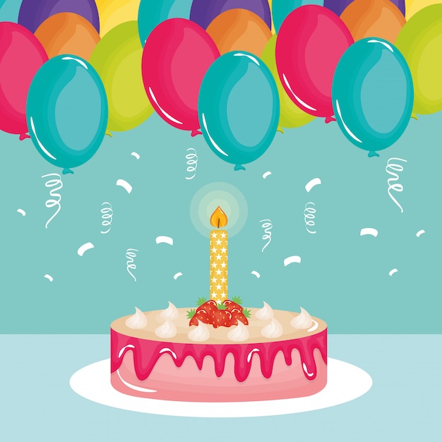 Card di buon compleanno, torta dolce e candela con palloncini elio