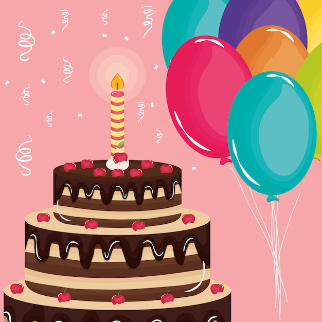 Happy birthday card , sweet cake and candle with balloons helium