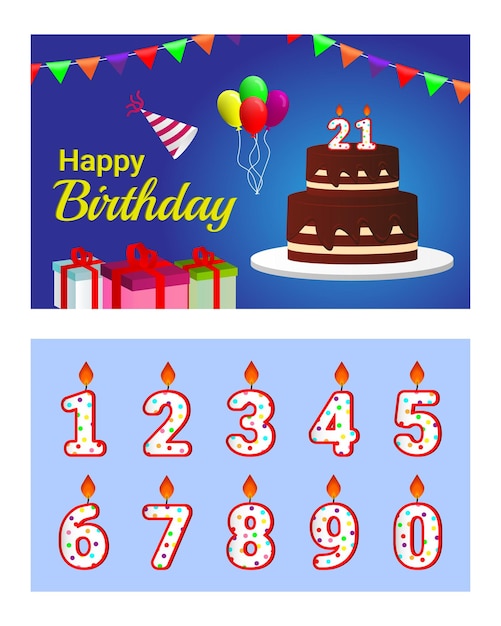 Vector happy birthday card template design with number candles set