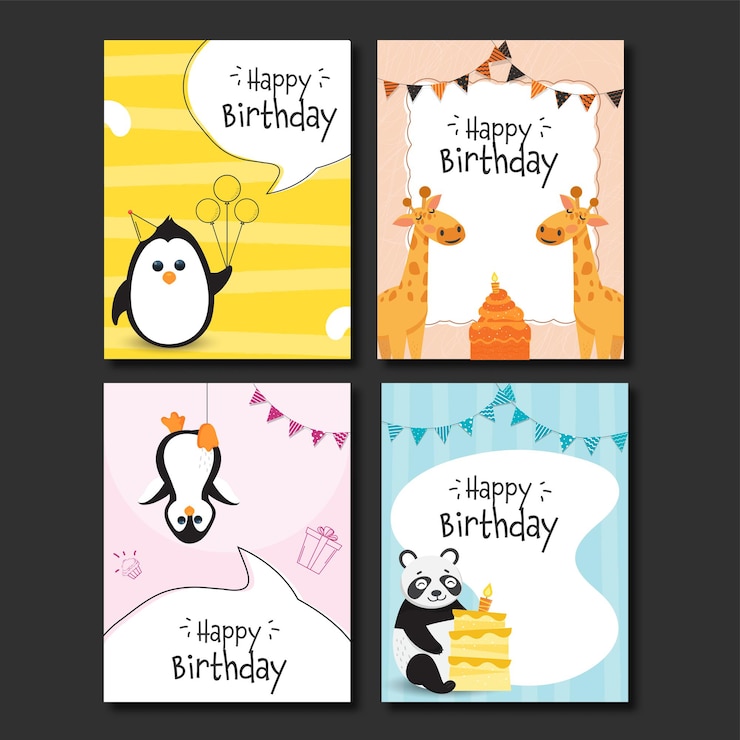 Vector happy birthday card template layout with cartoon animals in four color options.