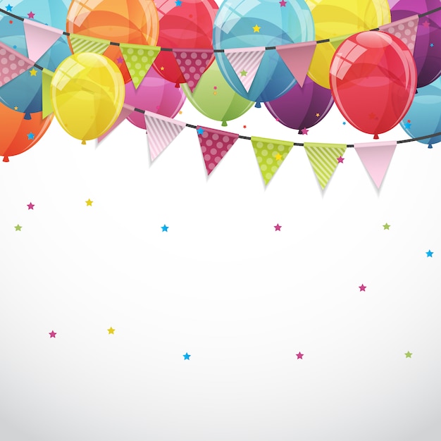 Шаблон поздравительной открытки с днем рождения с воздушными шарами и флагами иллю