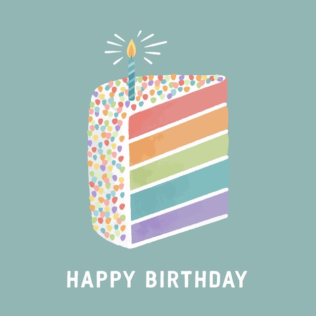 벡터 다채로운 수채화 케이크 한 조각과 파스텔 색상의 불타는 촛불이 있는 생일 축하 카드
