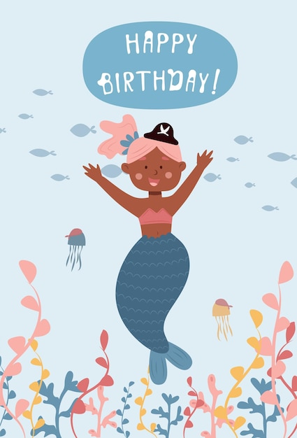 Scheda di buon compleanno con la sirena afroamericana un pirata