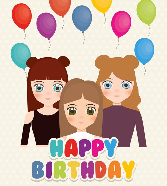 happy birthday card with anime girls and balloons