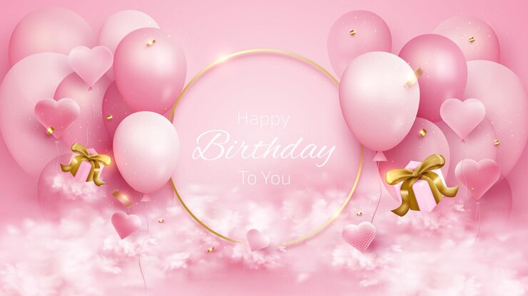 Vector happy birthday card with balloons and gold ribbon, gift box, heart-shape and cloud element. 3d realistic luxury style on pink background. vector illustration for design.