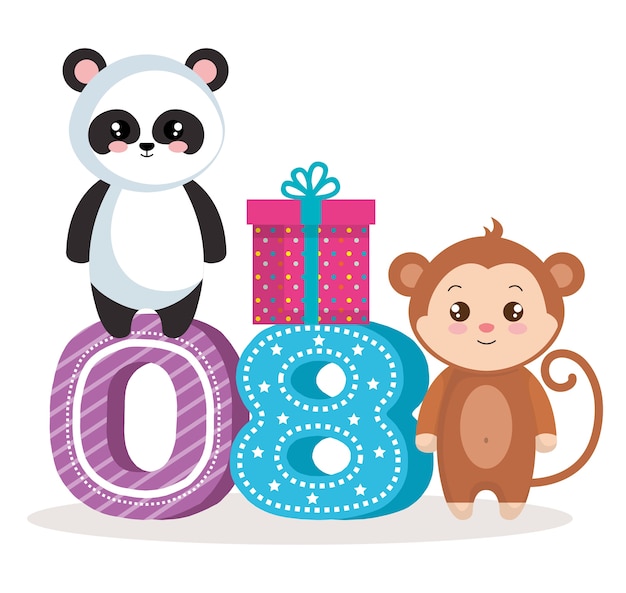 Happy birthday card with bear panda and monkey