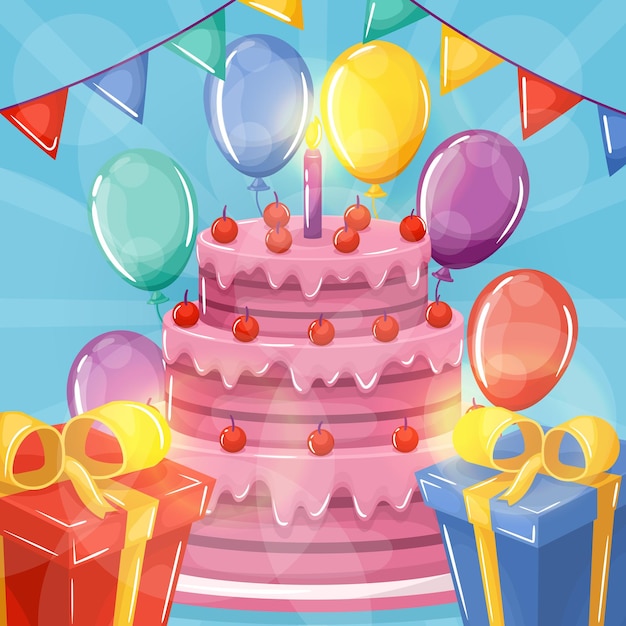 Vector happy birthday card with big cake balloons and gift boxes