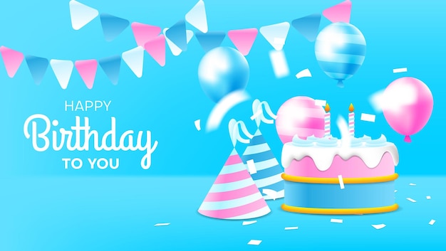벡터 케이크, 풍선, 콘페티 모자 및 파란색, 색 및 분홍색 색상 터 일러스트레이션으로 삼각형 장식으로 생일 축하 카드